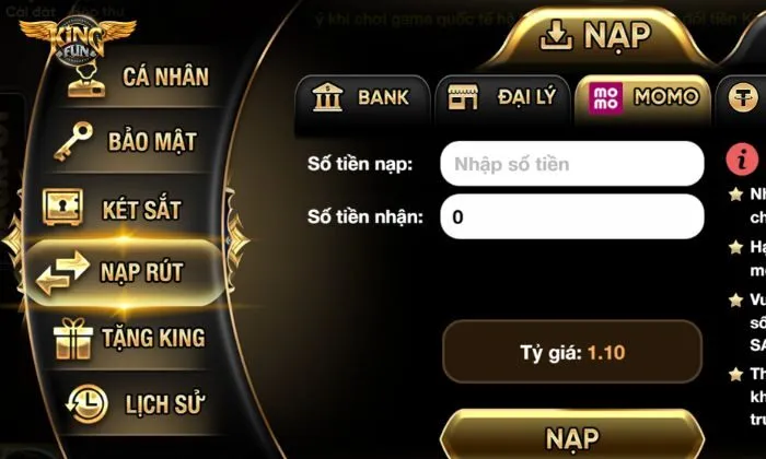 nạp tiền Kingfun 5 bước Nạp tiền Kingfun